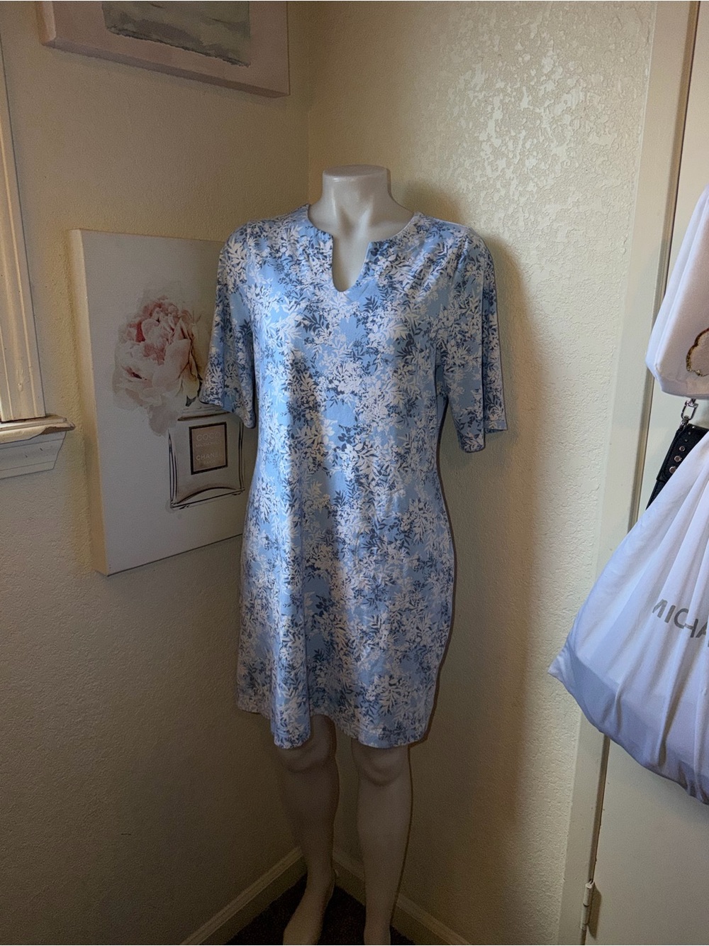 Light Blue Floral Notch-Neck Mini Dress